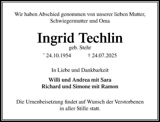 Traueranzeige von Ingrid Techlin von MARKT Ratzeburg/Mölln