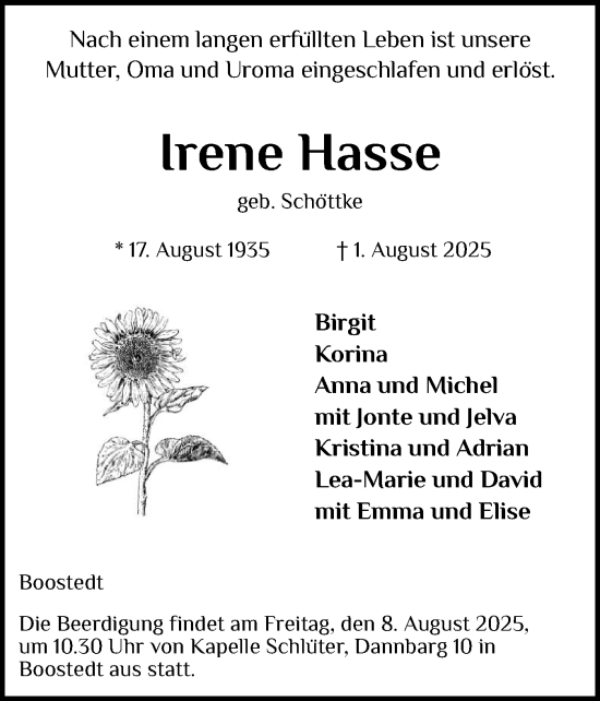 Traueranzeige von Irene Hasse von Holsteinischer Courier