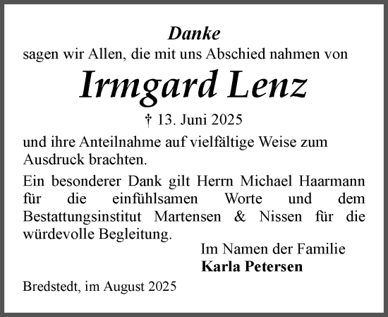 Traueranzeige von Irmgard Lenz von Husumer Nachrichten, Nordfriesland Tageblatt