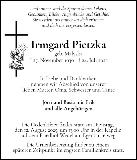 Traueranzeige von Irmgard Pietzka von Wedel-Schulauer Tageblatt, tip Wedel-Schulauer Tageblatt, tip Rissener Rundschau