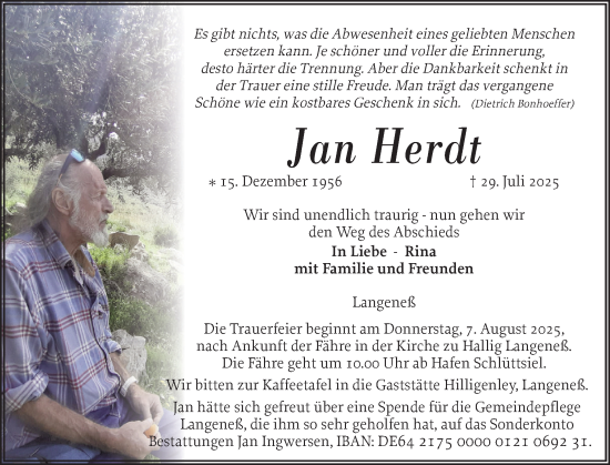 Traueranzeige von Jan Herdt von Husumer Nachrichten, Nordfriesland Tageblatt
