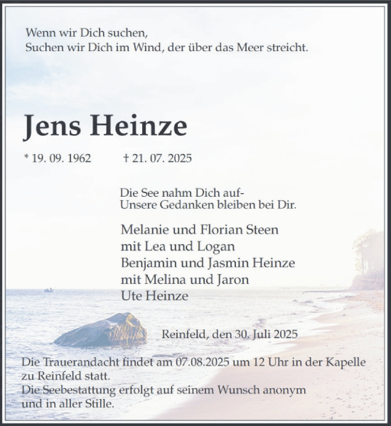 Traueranzeige von Jens Heinze von MARKT Bad Oldesloe/Reinfeld und Stormarner Tageblatt