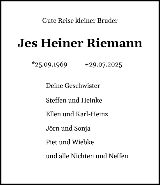 Traueranzeige von Jes Heiner Riemann von Flensburger Tageblatt