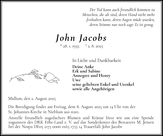 Traueranzeige von John Jacobs von Der Insel-Bote