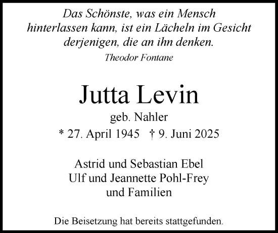Traueranzeige von Jutta Levin von Heimatspiegel