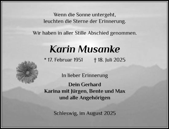 Traueranzeige von Karin Musanke von Schleswiger Nachrichten, Schlei-Bote