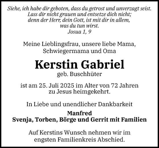 Traueranzeige von Kerstin Gabriel von Region Pinneberg und tip Pinneberg