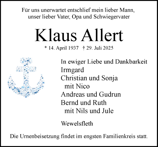 Traueranzeige von Klaus Allert von Norddeutsche Rundschau, Wilstersche Zeitung, Glückstädter Fortuna
