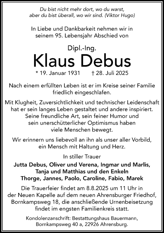 Traueranzeige von Klaus Debus von MARKT Ahrensburg/Bargteheide/Trittau und Stormarner Tageblatt