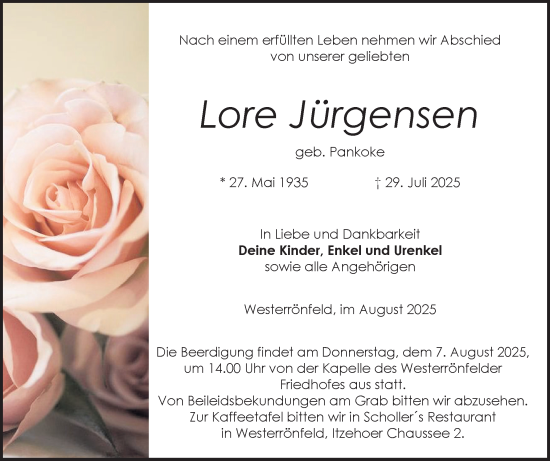Traueranzeige von Lore Jürgensen von Schleswig-Holsteinische Landeszeitung