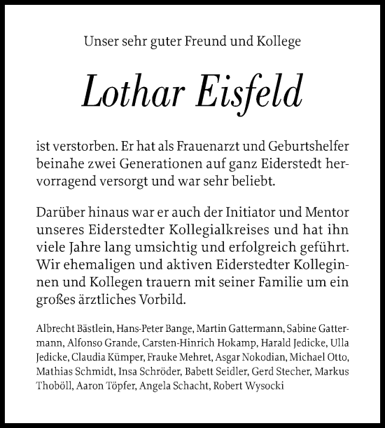 Traueranzeige von Lothar Eisfeld von Husumer Nachrichten, Nordfriesland Tageblatt