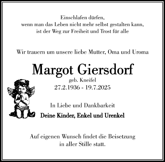 Traueranzeige von Margot Giersdorf von MARKT Ahrensburg/Bargteheide/Trittau und Stormarner Tageblatt
