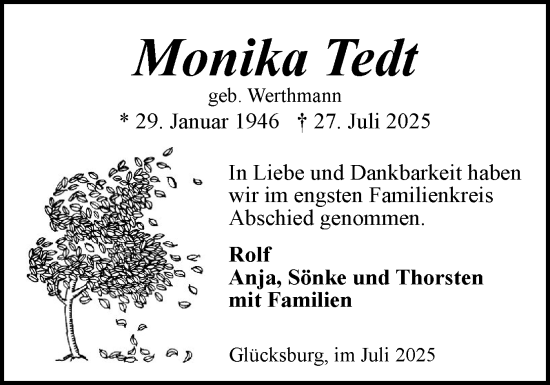 Traueranzeige von Monika Tedt von Flensburger Tageblatt