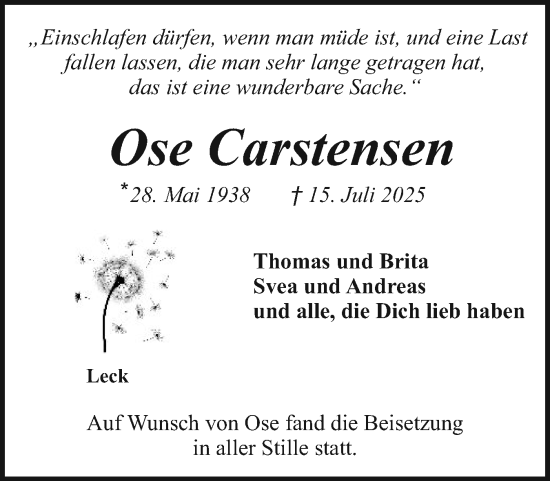 Traueranzeige von Ose Carstensen von Husumer Nachrichten, Nordfriesland Tageblatt
