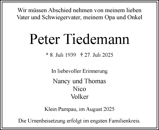 Traueranzeige von Peter Tiedemann von Wochenend Anzeiger