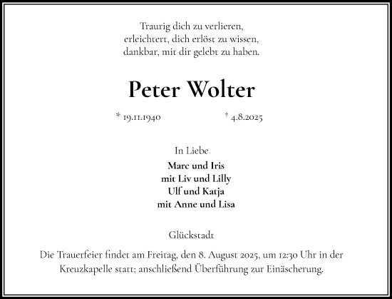 Traueranzeige von Peter Wolter von Norddeutsche Rundschau, Wilstersche Zeitung, Glückstädter Fortuna