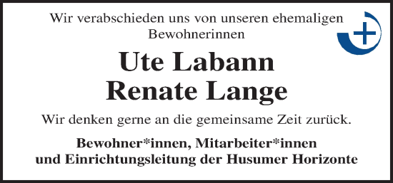 Traueranzeige von Renate Lange von Husumer Nachrichten, Nordfriesland Tageblatt