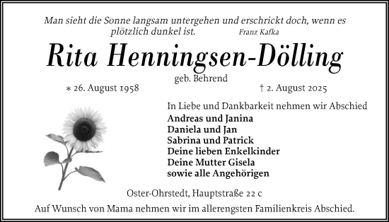 Traueranzeige von Rita Henningsen-Dölling von Husumer Nachrichten, Nordfriesland Tageblatt