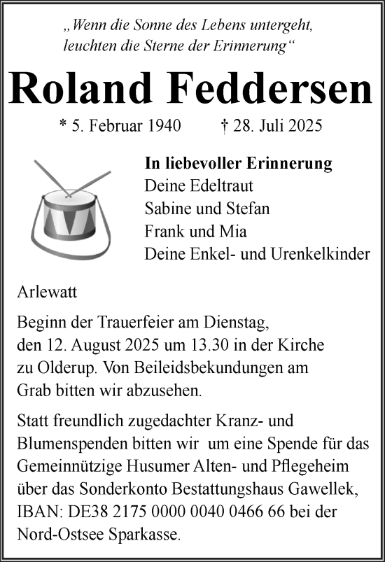 Traueranzeige von Roland Feddersen von Husumer Nachrichten, Nordfriesland Tageblatt