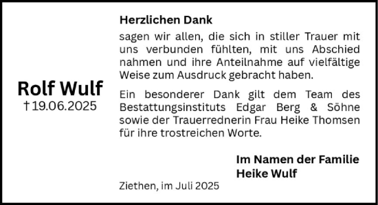 Traueranzeige von Rolf Wulf von MARKT Ratzeburg/Mölln