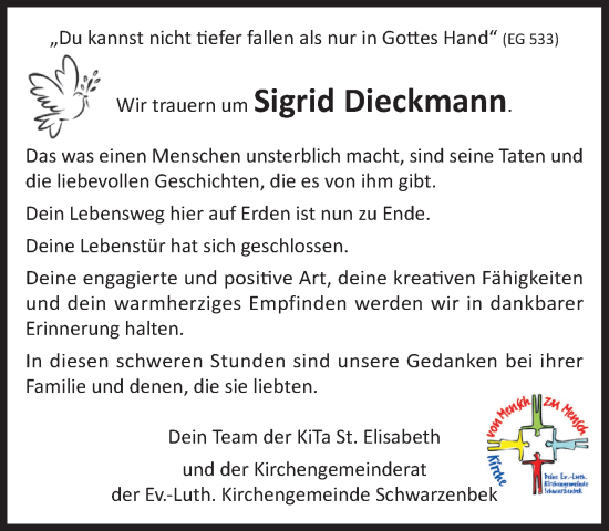 Traueranzeige von Sigrid Dieckmann von Wochenend Anzeiger