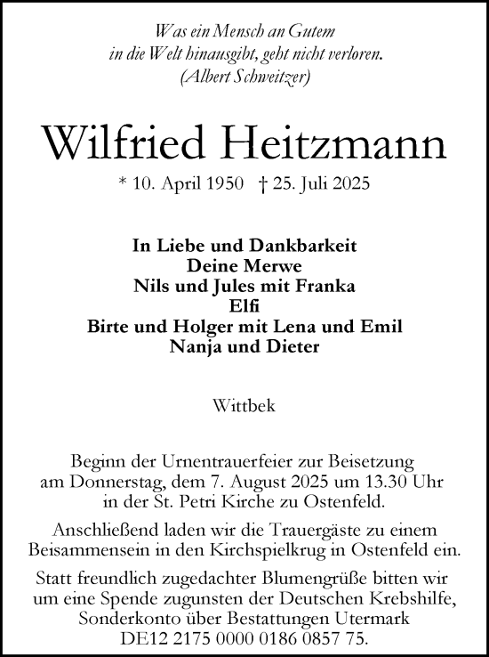 Traueranzeige von Wilfried Heitzmann von Husumer Nachrichten, Nordfriesland Tageblatt