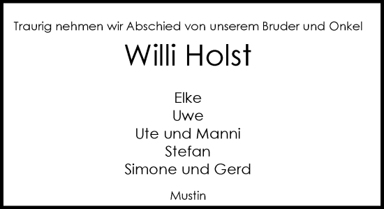 Traueranzeige von Willi Holst von MARKT Ratzeburg/Mölln