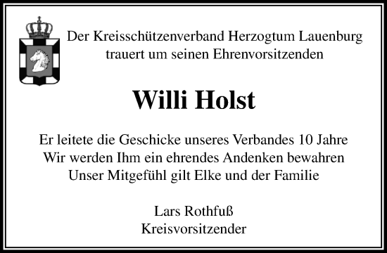 Traueranzeige von Willi Holst von MARKT Ratzeburg/Mölln