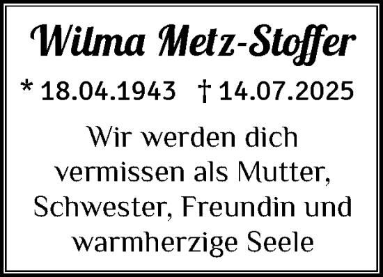 Traueranzeige von Wilma Metz-Stoffer von Norddeutsche Rundschau, Wilstersche Zeitung, Glückstädter Fortuna