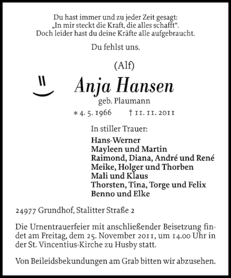  Traueranzeige für Anja Hansen vom 18.11.2011 aus Flensburger Tageblatt