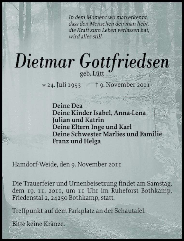  Traueranzeige für Dietmar Gottfriedsen vom 12.11.2011 aus Landeszeitung