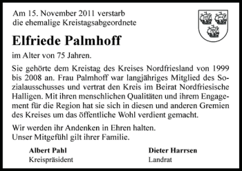 Traueranzeige von Elfriede Palmhoff von Husumer Nachrichten
