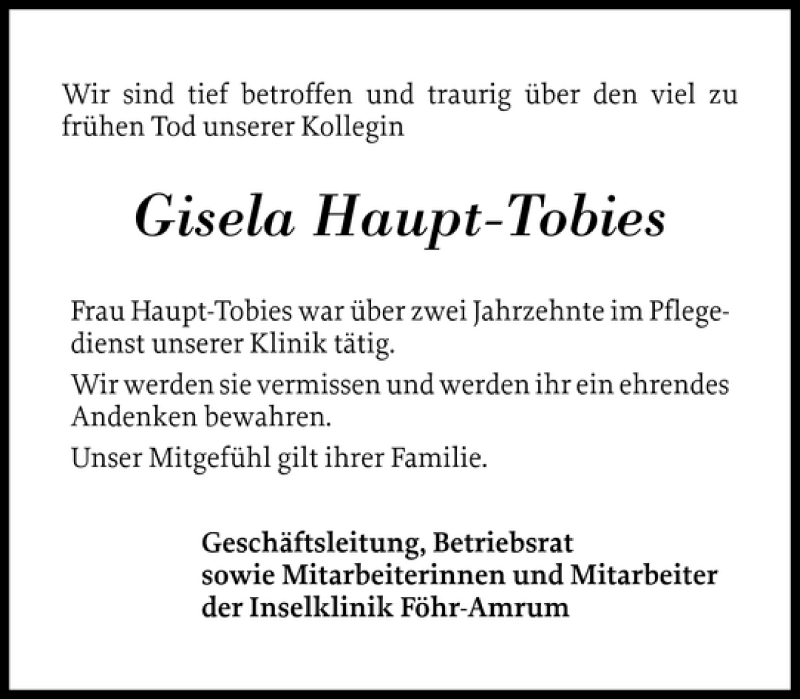  Traueranzeige für Gisela Haupt-Tobies vom 19.11.2011 aus Der Insel-Bote