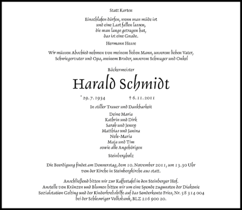  Traueranzeige für Harald Schmidt vom 08.11.2011 aus Flensburger Tageblatt