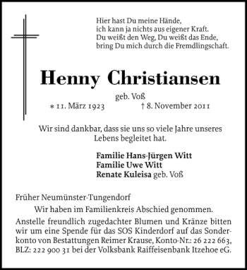 Traueranzeige von Henny Christiansen von Holsteinischer Courier