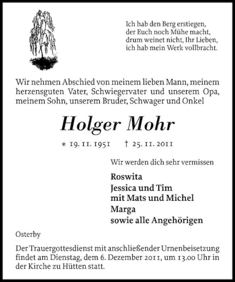  Traueranzeige für Holger Mohr vom 29.11.2011 aus Eckernförder Zeitung
