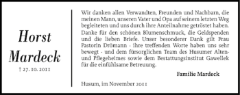 Traueranzeige von Horst Mardeck von Husumer Nachrichten