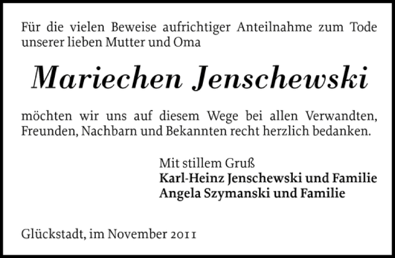  Traueranzeige für Mariechen Jenschewski vom 05.11.2011 aus Norddeutsche Rundschau