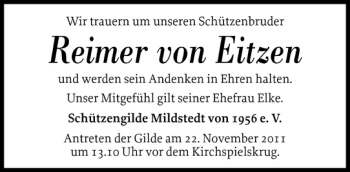 Traueranzeige von Reimer von Eitzen von Husumer Nachrichten