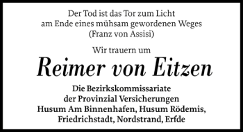 Traueranzeige von Reimer von Eitzen von Husumer Nachrichten