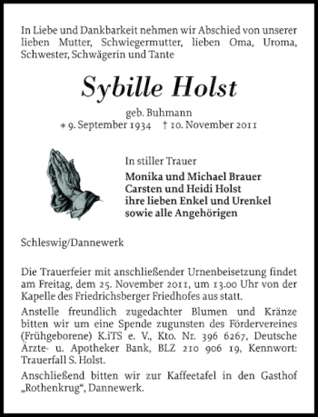 Traueranzeige von Sybille Holst von Schleswiger Nachrichten