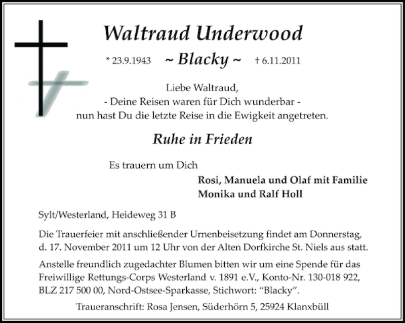  Traueranzeige für Waltraud Underwood vom 14.11.2011 aus Sylter Rundschau