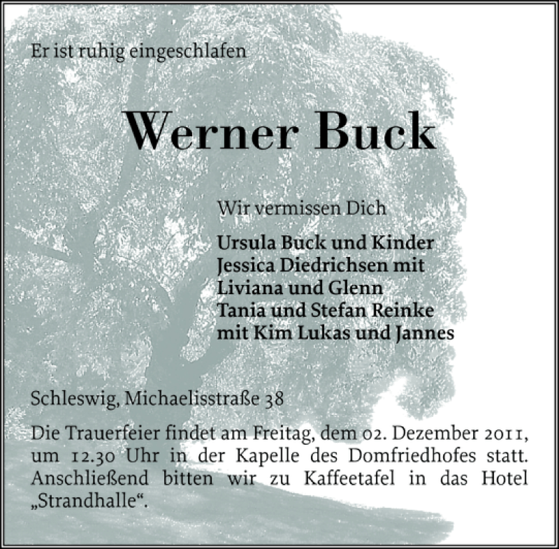  Traueranzeige für Werner Buck vom 30.11.2011 aus Schleswiger Nachrichten