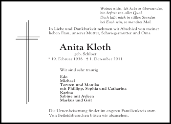 Traueranzeige von Anita Kloth von Ostholsteiner Anzeiger