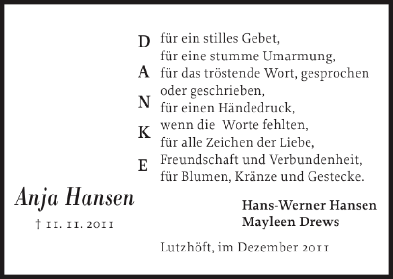  Traueranzeige für Anja Hansen vom 03.12.2011 aus Flensburger Tageblatt
