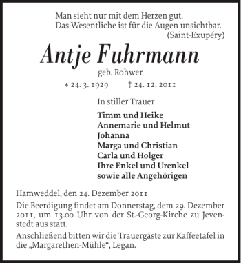 Traueranzeige von Antje Fuhrmann von Landeszeitung