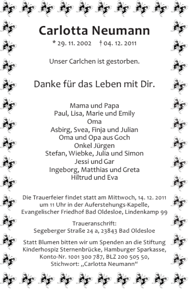  Traueranzeige für Carlotta Neumann vom 10.12.2011 aus Stormarner Tageblatt