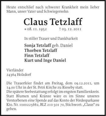 Traueranzeige von Claus Tetzlaff von Eckernförder Zeitung