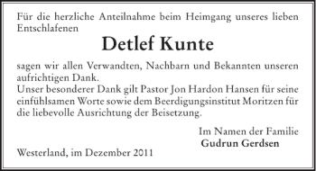 Traueranzeige von Detlef Kunte von Sylter Rundschau