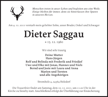 Traueranzeige von Dieter Saggau von Eckernförder Zeitung